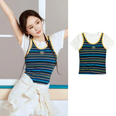批发杨幂同款复古撞色彩色<b class='q'>条纹</b>圆领吊带背心女26夏季新款百搭无袖上衣