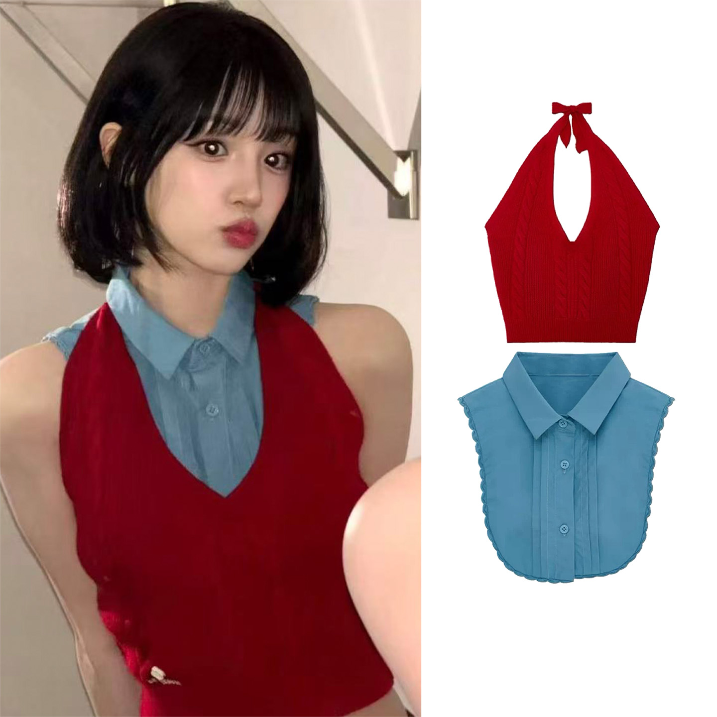 송 비 제나라 같은 단락 디자인 센스 레이스 거짓 칼라 다용도 봄 여름 품격 여성 장식품 행침 목 니트 슬립 세트