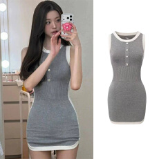 批发张元英明星同款衣服灰色背心裙女夏复古运动针织包臀针织<b class='q'>连衣裙</b>子
