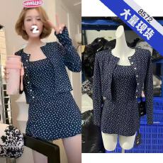 批发赵露思同款蓝色碎花长袖开衫吊带<b class='q'>连衣</b>裙女早秋季法式复古裙子套装