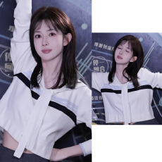 批发孟子义同款海军领撞色条纹针织衫女早秋韩系减龄短款显瘦长袖上衣