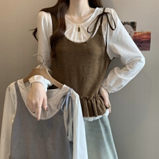 批发大码胖mm法式复古拼接<b class='q'>假两件</b>女2025新款别致设计感小众长袖上衣