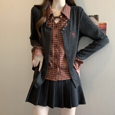 批发实拍~大码胖MM2025新款法式针织衫女长袖格子衬衫拼接假两件上衣