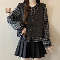 批发实拍大码胖MM2025新款假两件格子拼接衬衫女气质长袖上衣