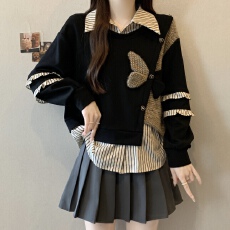 批发实拍大码冬季新款高级感拼接重工蝴蝶结假两件显瘦百搭长袖卫衣