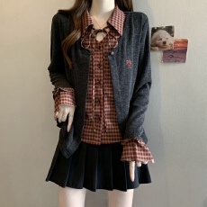 批发实拍~大码MM2025新款法式针织衫女长袖格子衬衫拼接假两件上衣