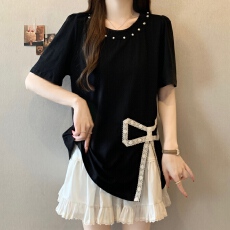 批发实拍~大码胖MM2026夏季新款圆领钉珠开衩气质T恤微胖减龄上衣