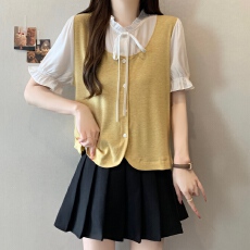 批发实拍大码胖MM2026夏季新款时尚洋气假两件拼接短袖<b class='q'>衬衫</b>女减龄上衣