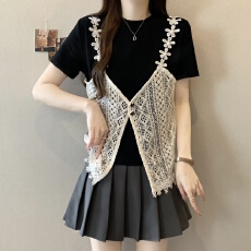 批发<b class='q'>实拍</b>~<b class='q'>大码</b>胖MM2026夏季新款时尚设计感假两件短袖T恤蕾丝拼接上衣