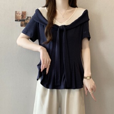 批发<b class='q'>实拍</b>~<b class='q'>大码</b>V领短袖t恤女2026夏季新款穿搭高级感飘带荷叶边上衣