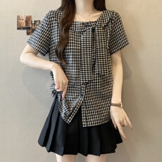 批发<b class='q'>实拍</b><b class='q'>大码</b>胖MM2026夏款韩系格子蝴蝶结系带短袖衬衫女显瘦百搭上衣