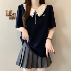 批发<b class='q'>实拍</b>~<b class='q'>大码</b><b class='q'>女装</b>撞色娃娃领t恤女2026夏季新款胖MM半拉链上衣