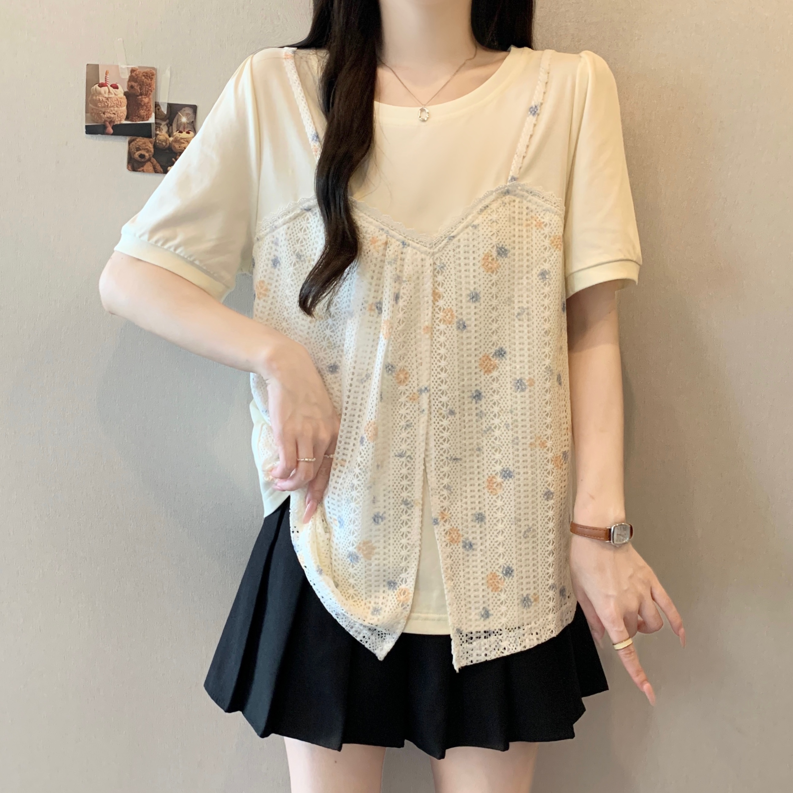 RY7472# 实拍~大码胖mm2026夏季新款甜美碎花遮肉泡泡袖显瘦假两件T恤上衣