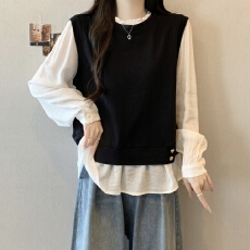 批发实拍~大码女装2026秋季新款洋气拼接假两件<b class='q'>衬衫</b>胖MM遮肚显瘦上衣