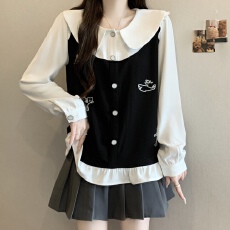 批发<b class='q'>实拍</b>~<b class='q'>大码</b>胖MM2026新款假两件绣花衬衫女撞色减龄法式气质上衣