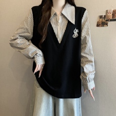 批发实拍~假两件条纹卫衣大码女装胖mm秋休闲复古藏肉长袖刺绣上衣