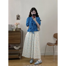 批发实拍2026夏款大码胖MM时尚设计感蓝色蝴蝶结上衣+波点<b class='q'>半身裙</b>套装