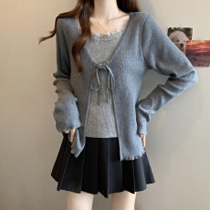 批发实拍2026春款大码胖MM设计感假两件拼接蕾丝花边上衣绑带百搭小衫