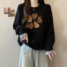 批发实拍2026春款大码女装设计感假两件拼接格子宽松舒适百搭卫衣