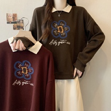 批发实拍2026春款大码女装胖MM秋冬设计感假两件花朵印花百搭卫衣