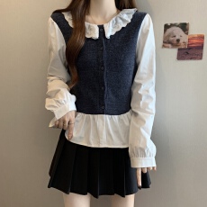 批发实拍2025新款大码女装秋<b class='q'>冬</b>设计感假两件花边领宽松显瘦百搭上衣