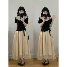 批发实拍2026新款胖MM夏款时尚设计感小众假两件显瘦上衣+<b class='q'>半身裙</b>套装