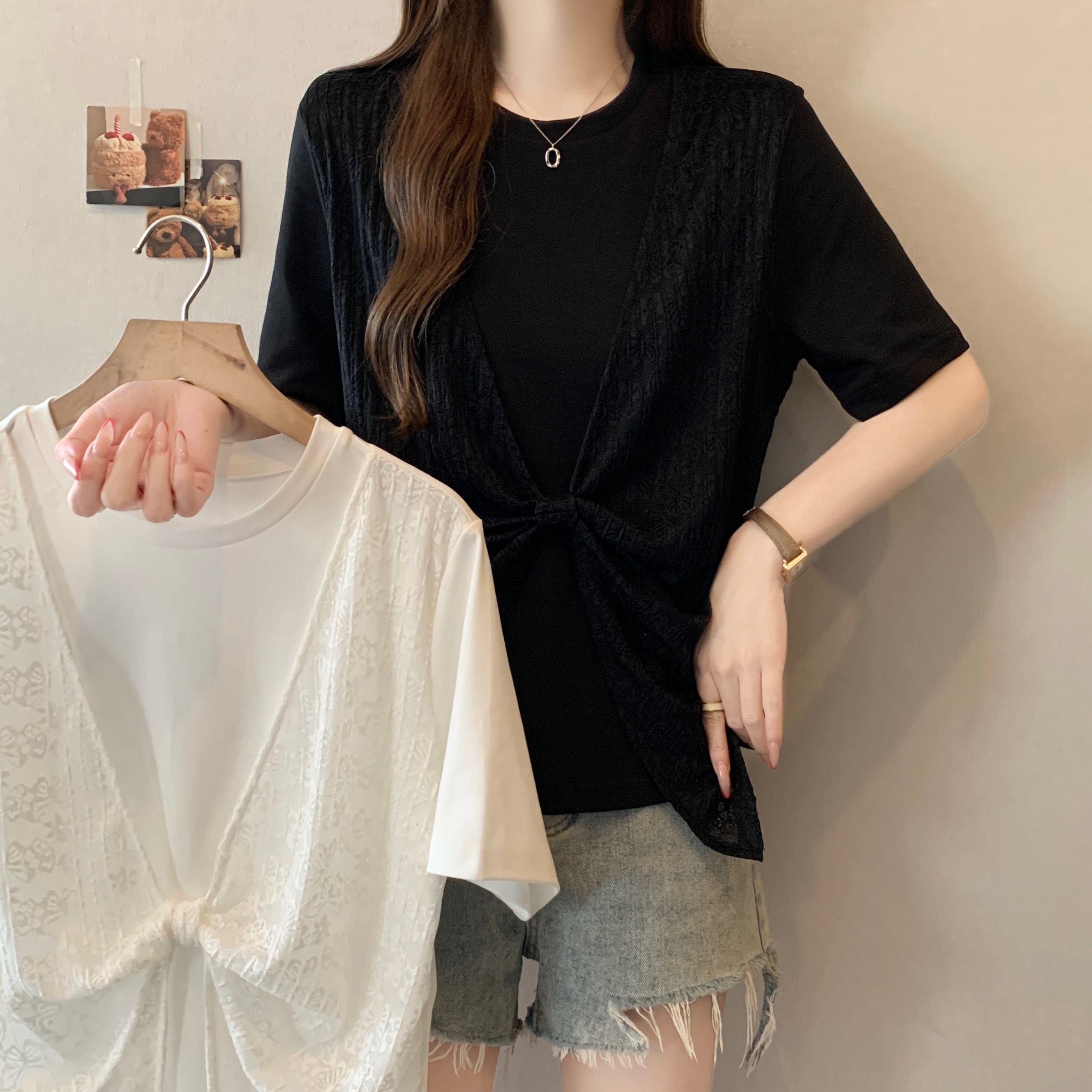 실사 2026 새로운 빅 사이즈 여성 의류 지방 mm 디자인 센스 페이크 레이어드 철자 레이스 표지 배 슬림해 보이는 다용도 맨위