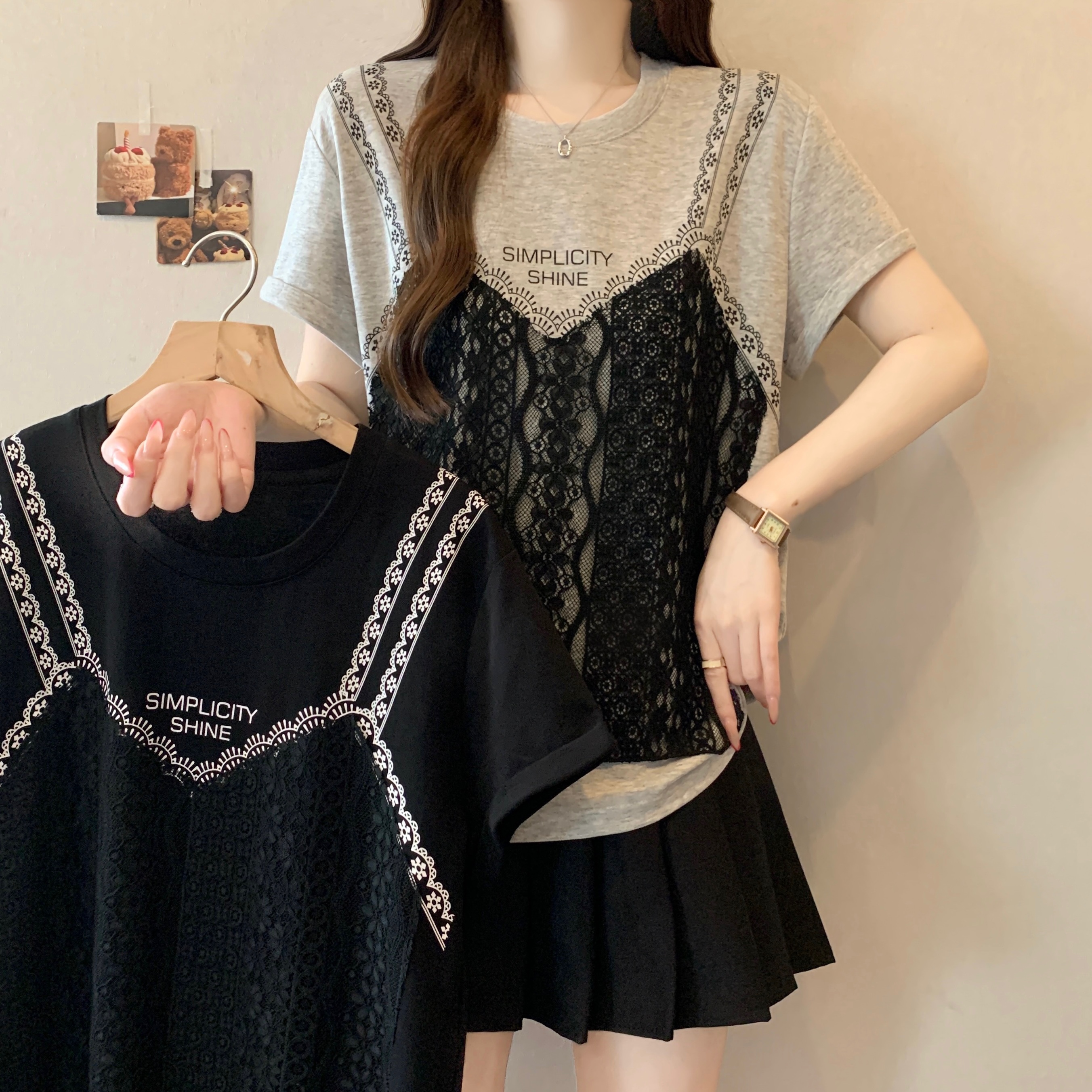 실사 2026 새로운 빅 사이즈 지방 mm 디자인 센스 페이크 레이어드 작은 대중 패치워크 레이스 슬림해 보이는 다용도 맨위