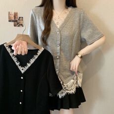 实拍2026新款大码女装胖MM设计感假两件拼接蕾丝遮肚显瘦百搭上衣