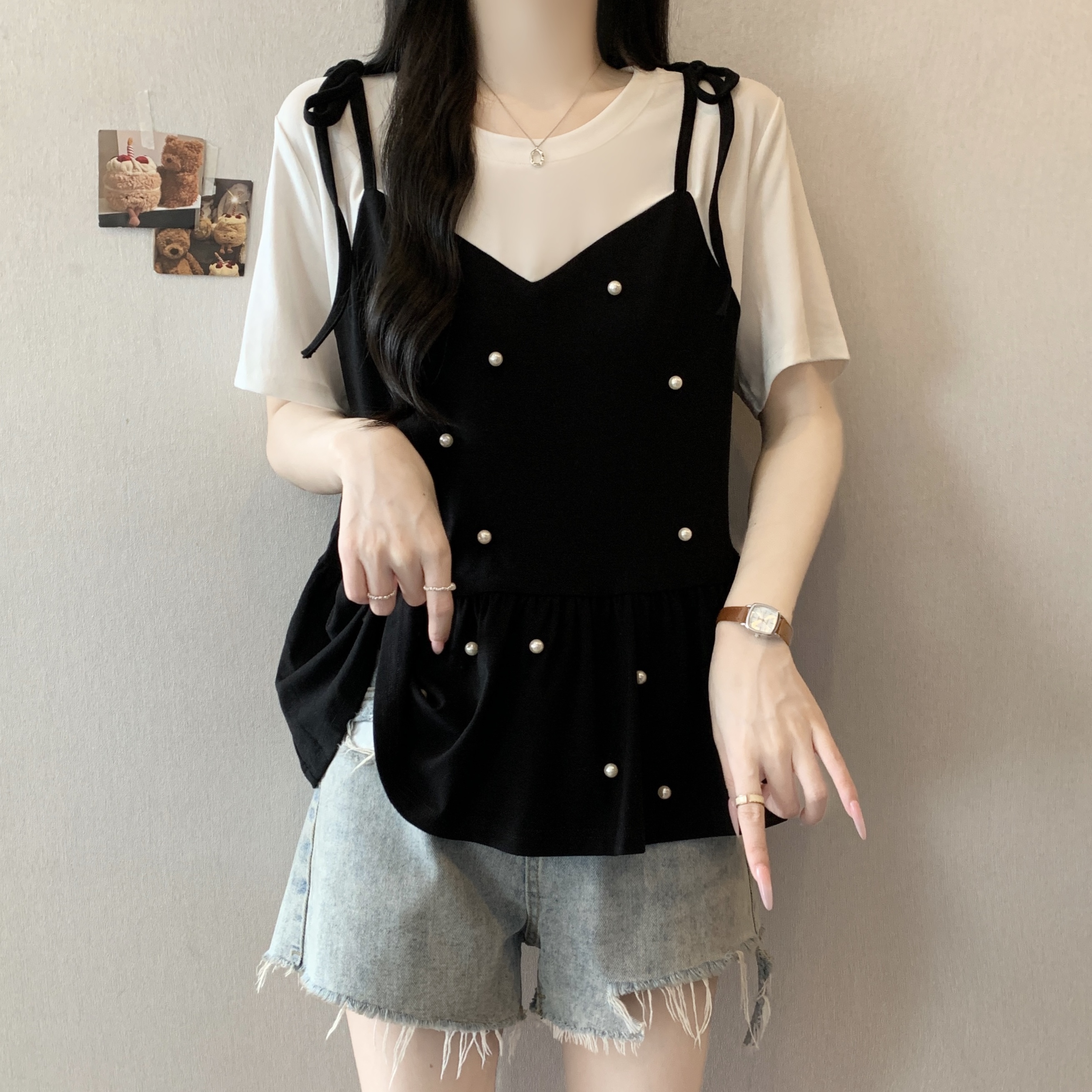 실사 2026 새로운 빅 사이즈 지방 mm 여름 섹션 디자인 센스 페이크 레이어드 비즈 박기 연령 감소 표지 배 슬림해 보이는 다용도 맨위