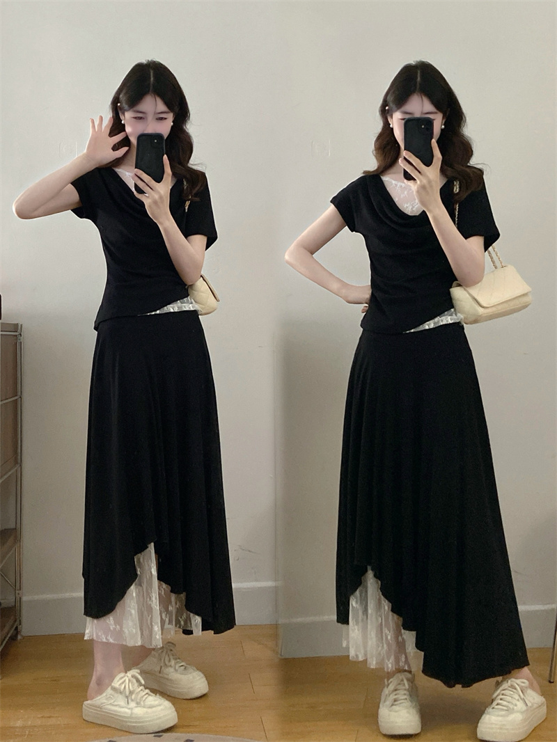 실사 2026 새로운 빅 사이즈 지방 mm 디자인 센스 페이크 레이어드 패치워크 레이스 슬림해 보이는 맨위 반신 치마 세트