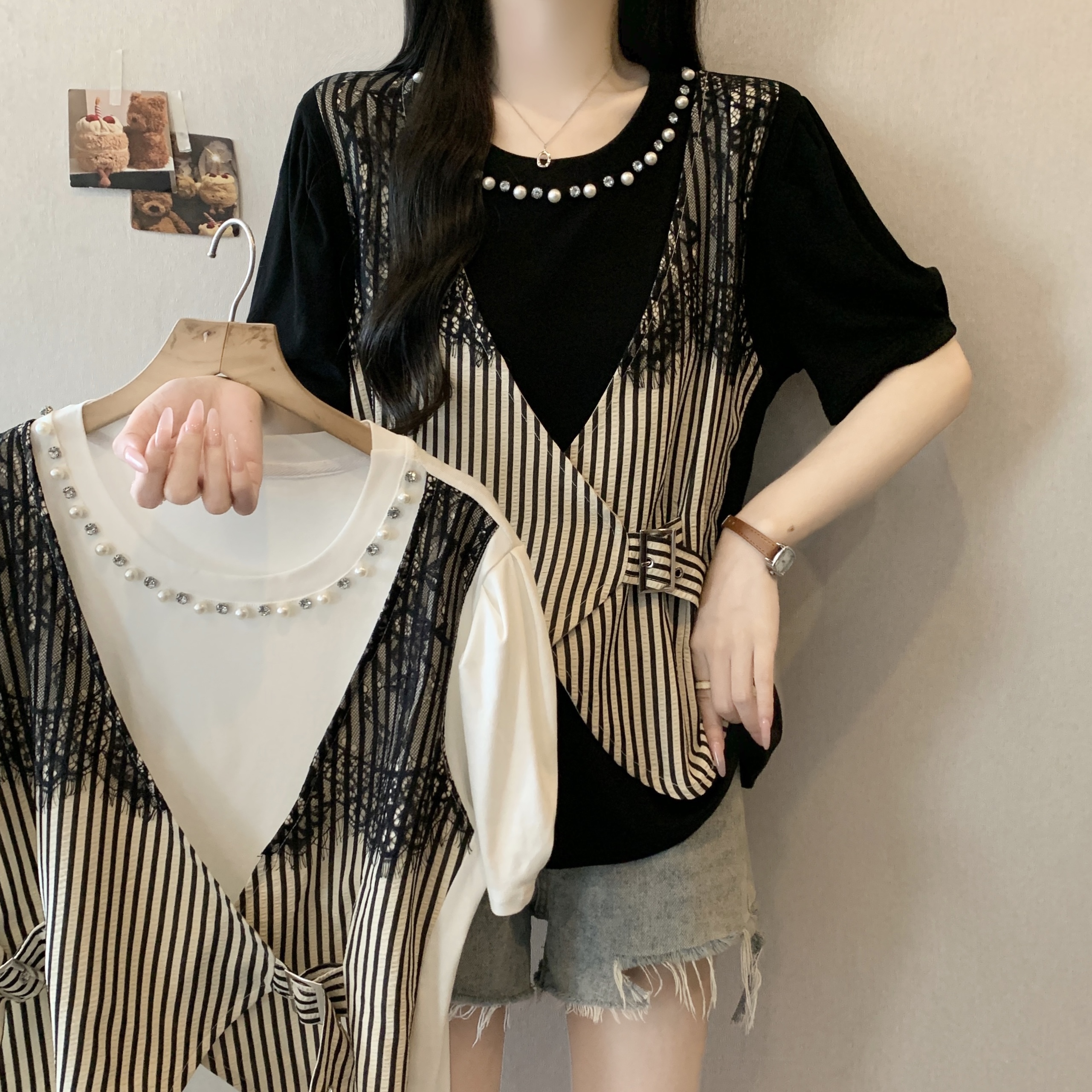 실사 2026 새로운 빅 사이즈 여성 의류 지방 mm 디자인 센스 페이크 레이어드 스트라이프 레이스 표지 배 슬림해 보이는 다용도 맨위