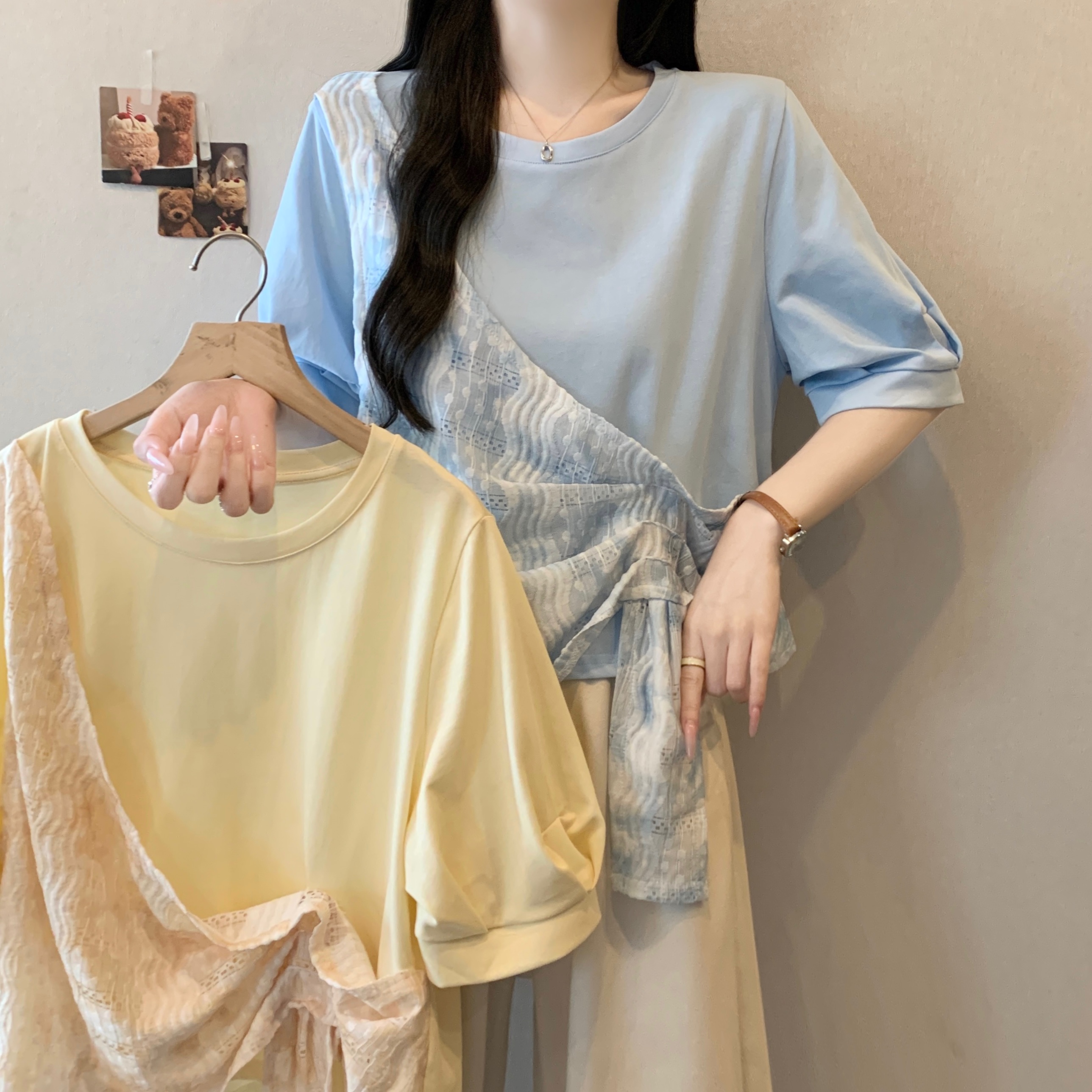 실사 2026 새로운 빅 사이즈 여성 의류 지방 mm 디자인 센스 페이크 레이어드 작은 대중 Chic 슬림해 보이는 다용도 맨위