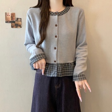 批发实拍2026新款大码女装胖MM秋款设计感假两件拼接格子显瘦百搭上衣
