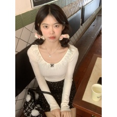 批发实拍<b class='q'>白色</b>蕾丝花边蝴蝶结领<b class='q'>T</b><b class='q'>恤</b>纯欲风衫短款长袖上衣女