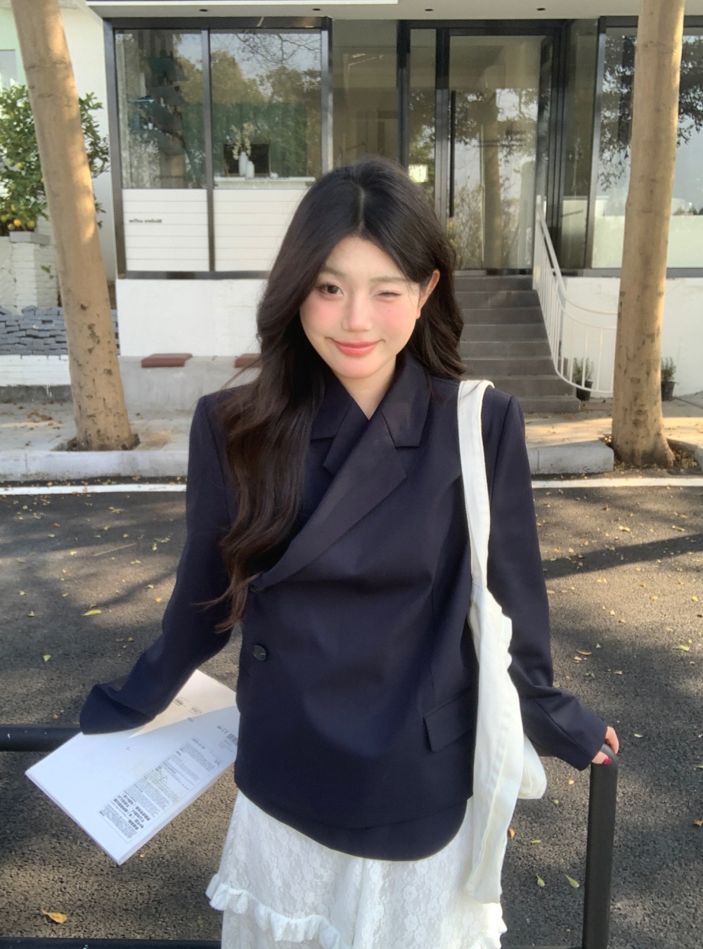 실사 봄 불규칙 디자인 센스 한국 스타일 다용도 해군 정장 긴팔 맨위 여성 코트