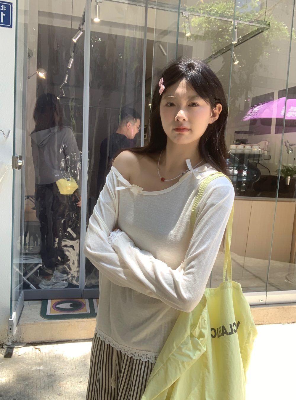 실사 봄 마이크로 ~을 통해 나비 매듭 둘 착용 수 있습니다. 비스듬한 어깨 긴팔 맨위 다용도 레이스 패치워크 티셔츠 여성