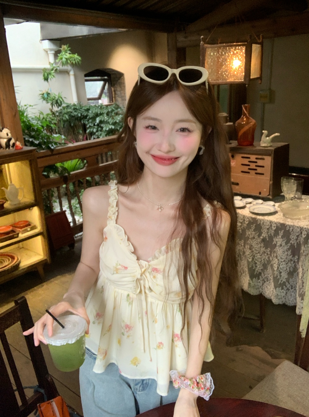 실사 여름 새로운 황색 꽃무늬 V넥 슬립 작은 셔츠 다용도 민소매 맨위 캐미솔