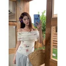 批发实拍夏季法式<b class='q'>一字肩</b>印花网纱长袖T恤女收腰设计感飘带露肩上衣