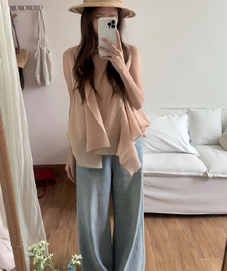 실사 한국 스타일 여름 밝은 색상 시스템 디자인 센스 불규칙 프릴 절묘한 라운드 넥 루즈핏 민소매 조끼