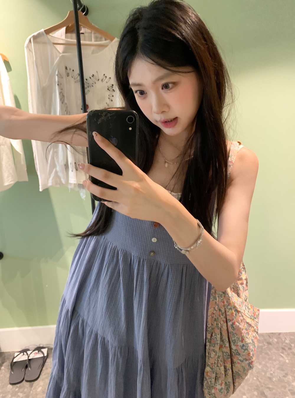 실사 한 부서 도트 무늬 슬립 파란색 체크무늬 디자인 센스 슬립 드레스 롱 스커트 두 조각 여성 세트