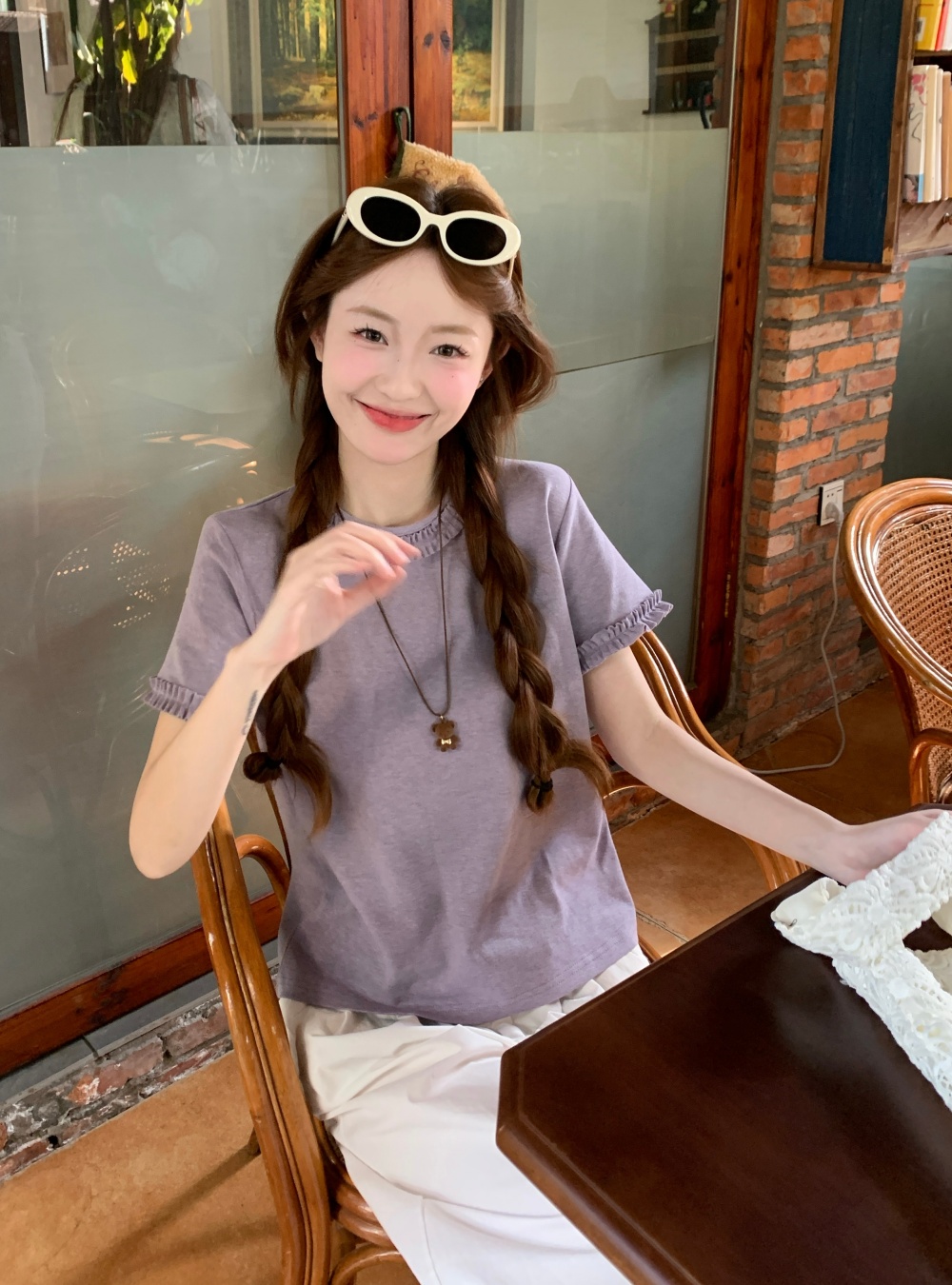 실사 여름 새로운 달콤함 목이버섯 레이스 반팔 티셔츠 루즈핏 긍정적 인 어깨 의류 여성
