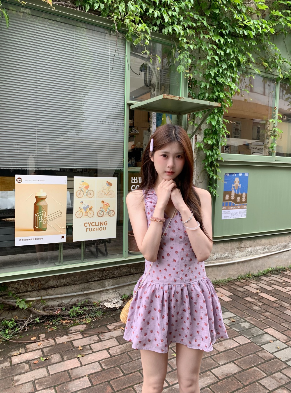 실사 보라색 V넥 꽃무늬 드레스 허리 수축 슬림해 보이는 달콤함 민소매 A라인 스커트 여성