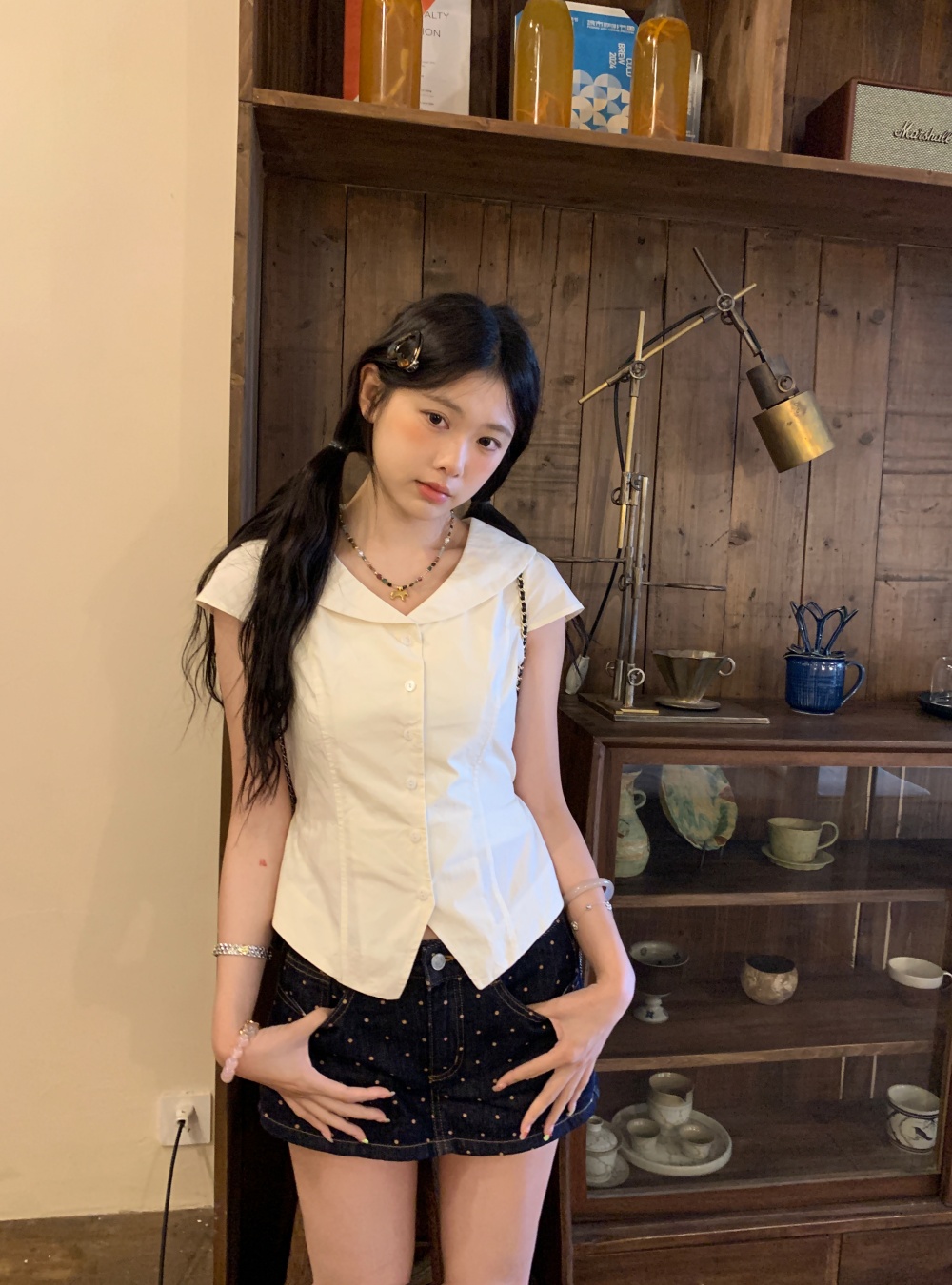 실사 여름 한 부서 몸매 가꾸기 베이비 칼라 폴로 칼라 달콤함 연령 감소 다용도 셔츠 여성용 짧은 소매 맨위