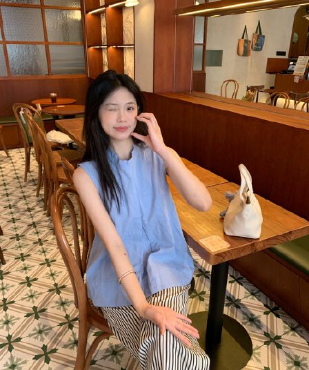 실사 민소매 작은 대중 Chic 주름 조끼 셔츠 스탠드 칼라 루즈핏 캐주얼 맨위 여성