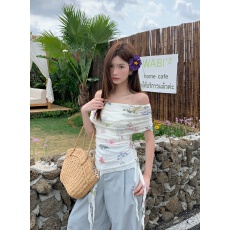 批发实拍夏季法式一字肩印花网纱<b class='q'>长袖</b><b class='q'>T</b><b class='q'>恤</b>女收腰设计感飘带露肩上衣