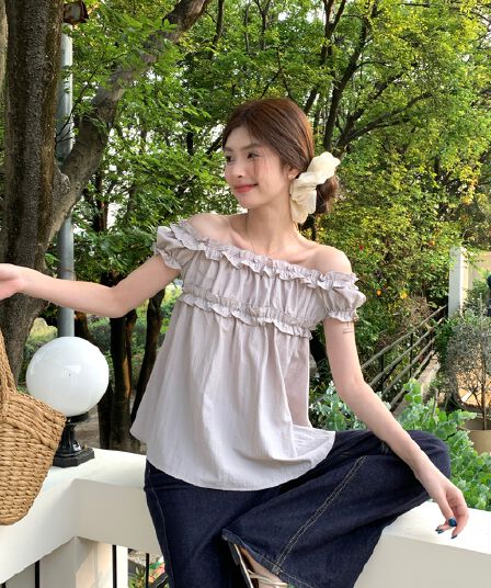 실사 여름 달콤한 차 한 부서 달콤함 부드러운 프릴 거품 소매 오프숄더 반팔 셔츠 맨위 여성