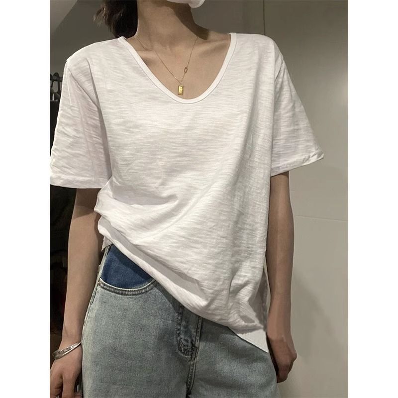 대나무 마디 면 화이트 V넥 반팔 티셔츠 여성 여름 얇은 스타일 느긋한 바람 느슨함 센스 반소매 동정 맨위