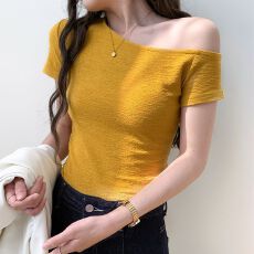 批发原版面料 斜肩上衣女夏季2026年新款一字肩露肩短袖t恤设计感