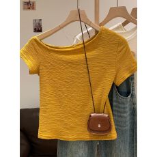 批发8107#官图原版面料做工不减价肌理感斜领露肩短袖T恤女2026夏